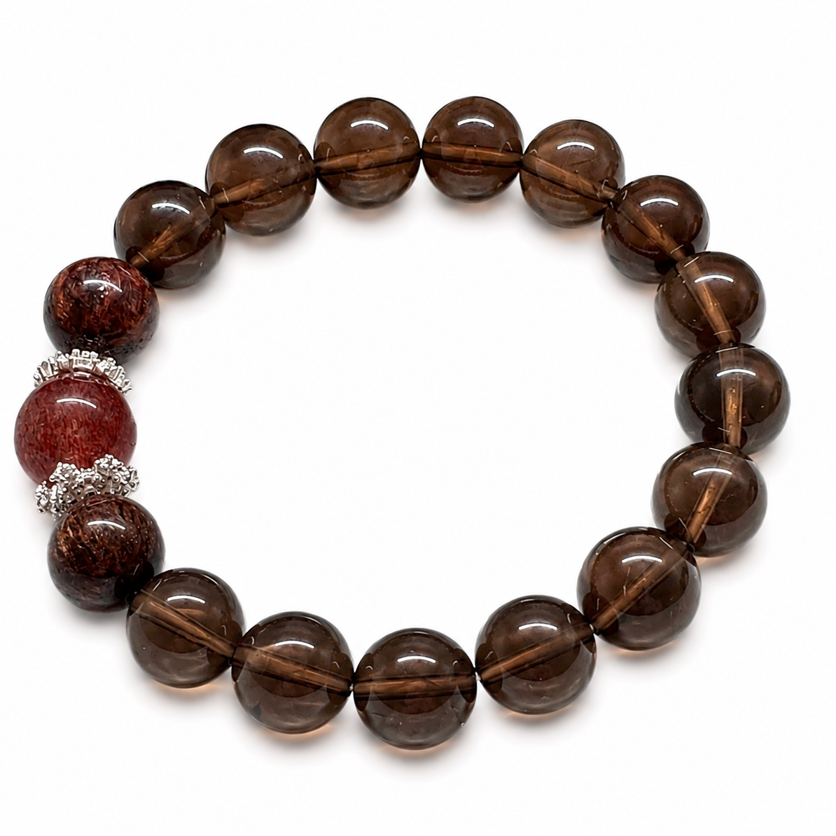 Smoky Quartz Bracelet with Black Super Seven & Red Strawberry Quartz, 10mm