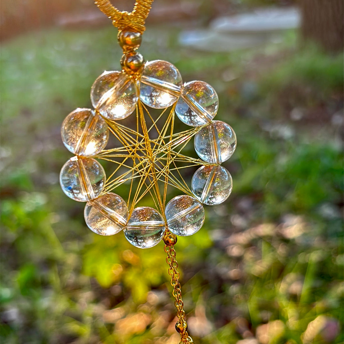 Natural Clear Quartz Crystal Hanging Ornament with Gold Cord for Home Decor Witch Crystal