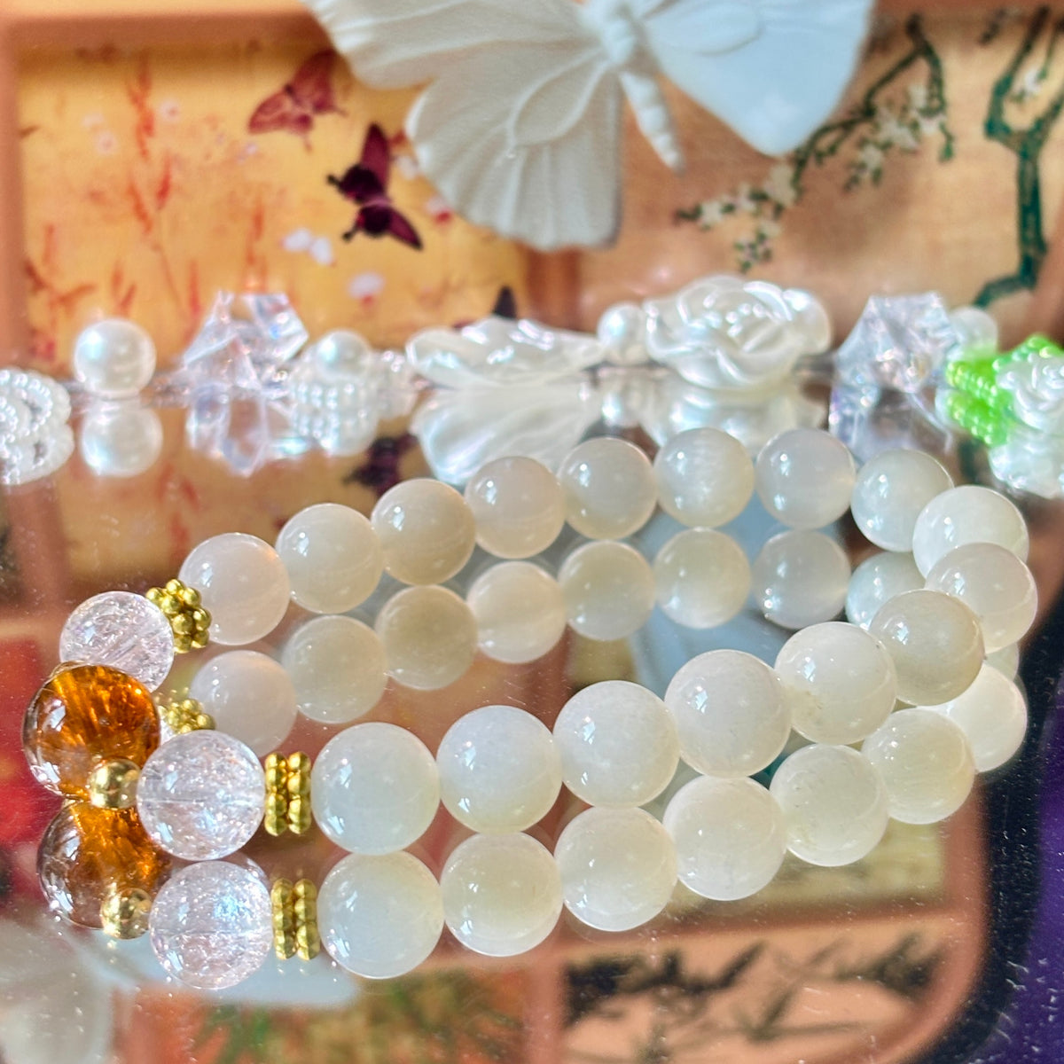 Natural Silver Moon Stone & Citrine Bracelet | 9mm Crystal Beads