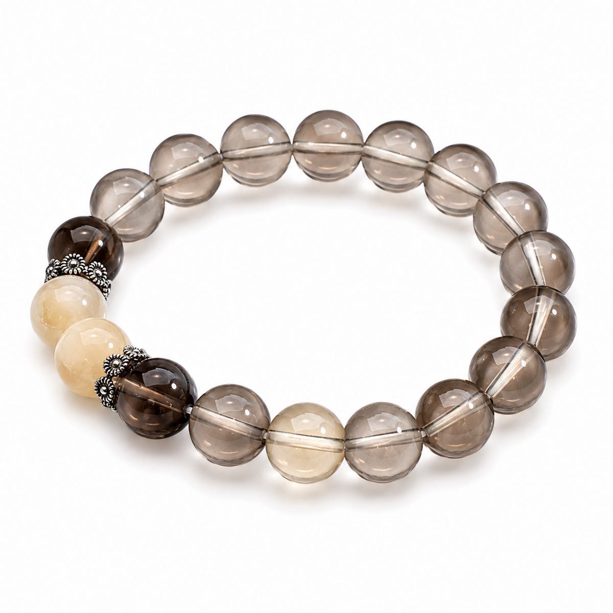 White & Black Smoky Quartz Bracelet with Cream Moonstone | 10mm Natural Gemstone Beads