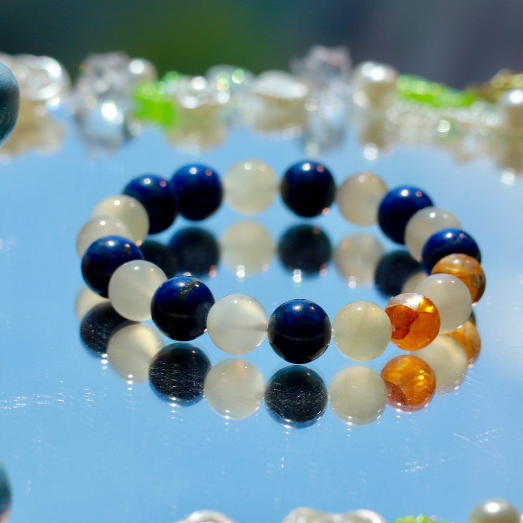 9-10mm Natural Lapis Lazuli, White Moonstone & Yellow Hematoid Quartz Bracelet