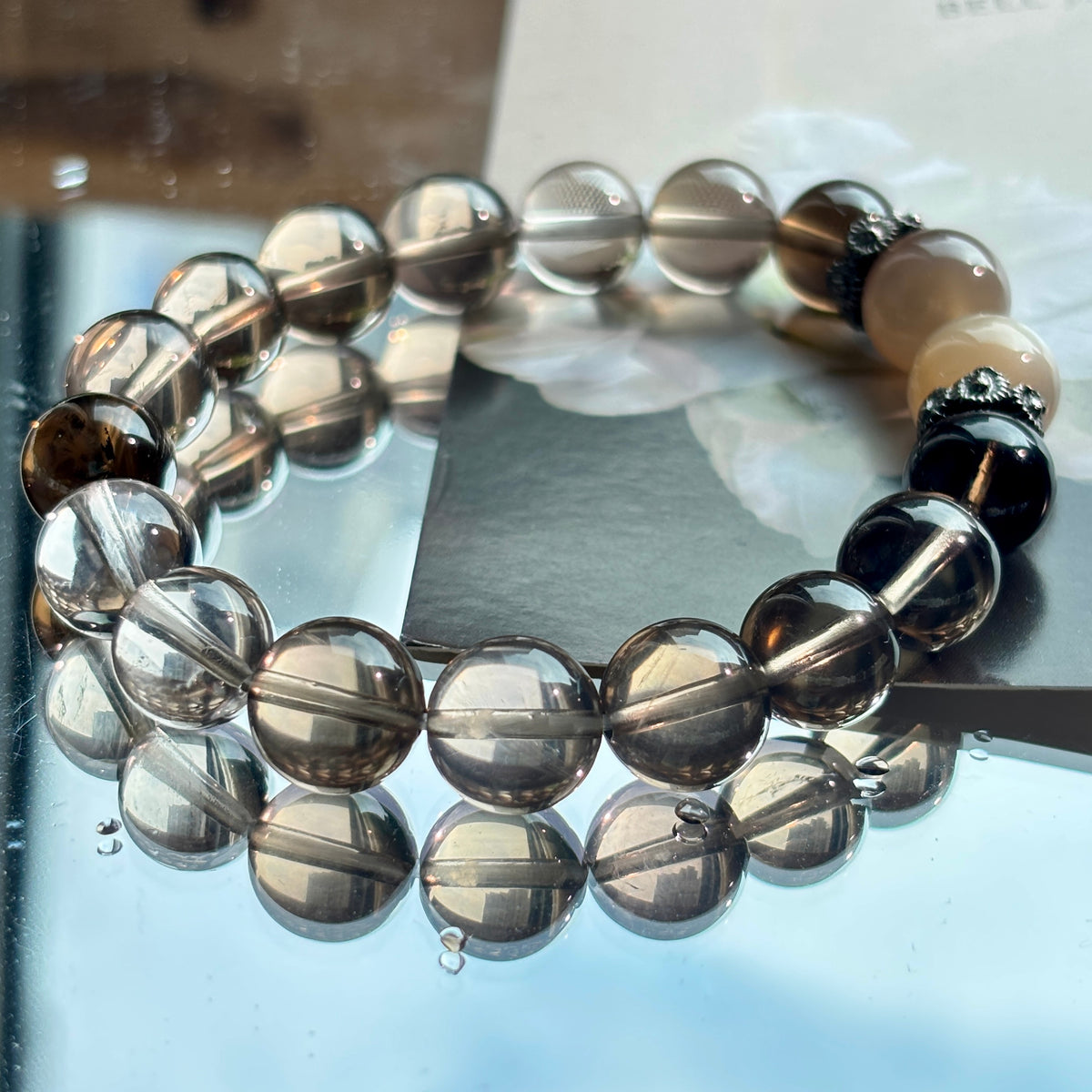 White & Black Smoky Quartz Bracelet with Cream Moonstone | 10mm Natural Gemstone Beads