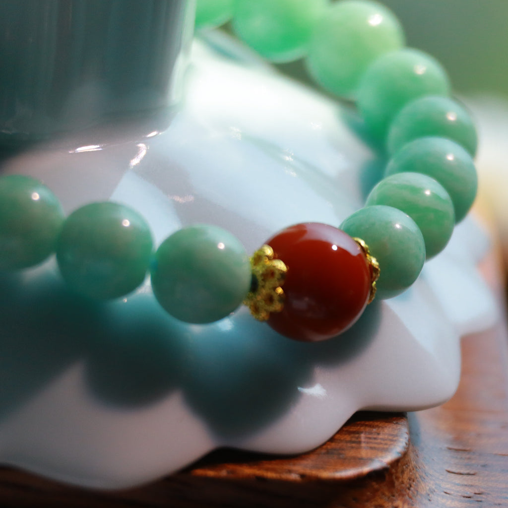 8mm Natural Old-Mine Amazonite Beaded Bracelet, Accented with a Single Red Agate
