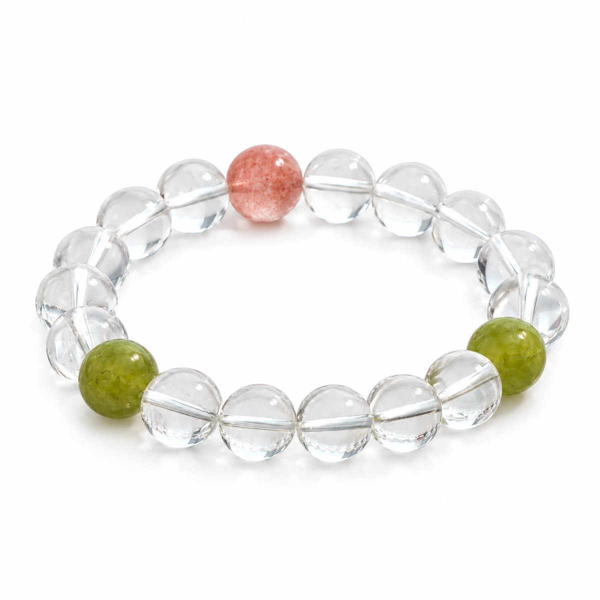 Natural Clear Quartz Bracelet with Xiuyan Jade & Strawberry Quartz | 10mm Gemstone Beads