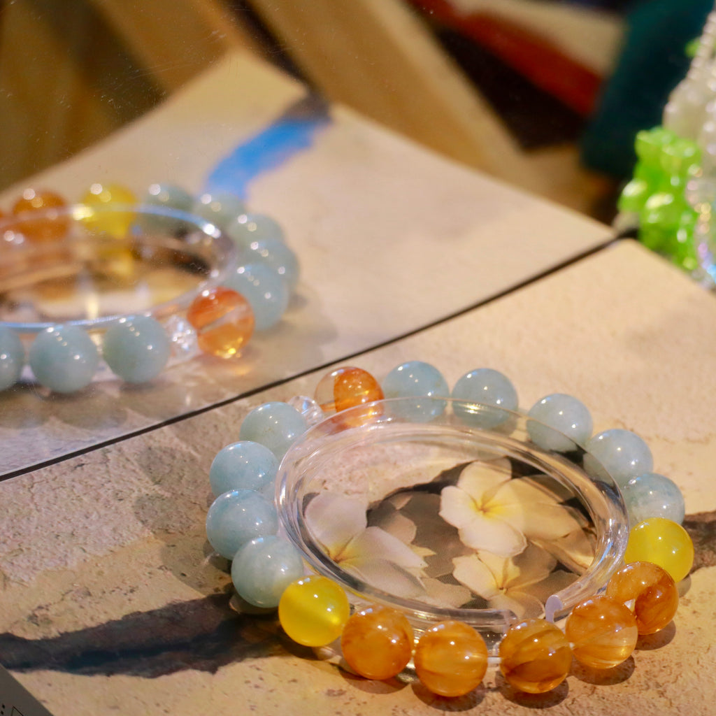 Natural Aquamarine & Yellow Hematoid Quartz Bracelet | 10mm Gemstone Beads
