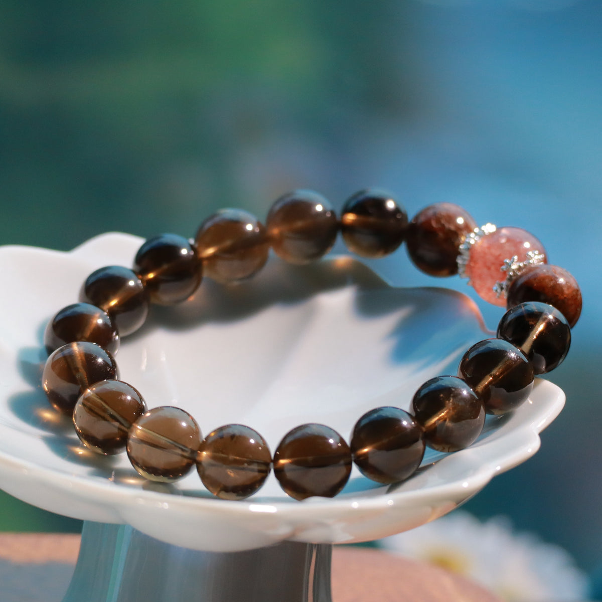 Smoky Quartz Bracelet with Black Super Seven & Red Strawberry Quartz, 10mm