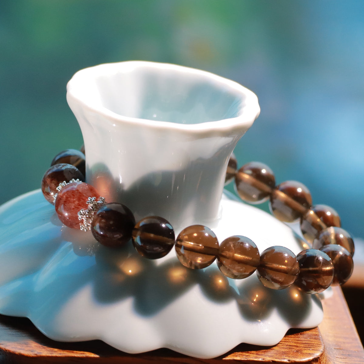 Smoky Quartz Bracelet with Black Super Seven & Red Strawberry Quartz, 10mm