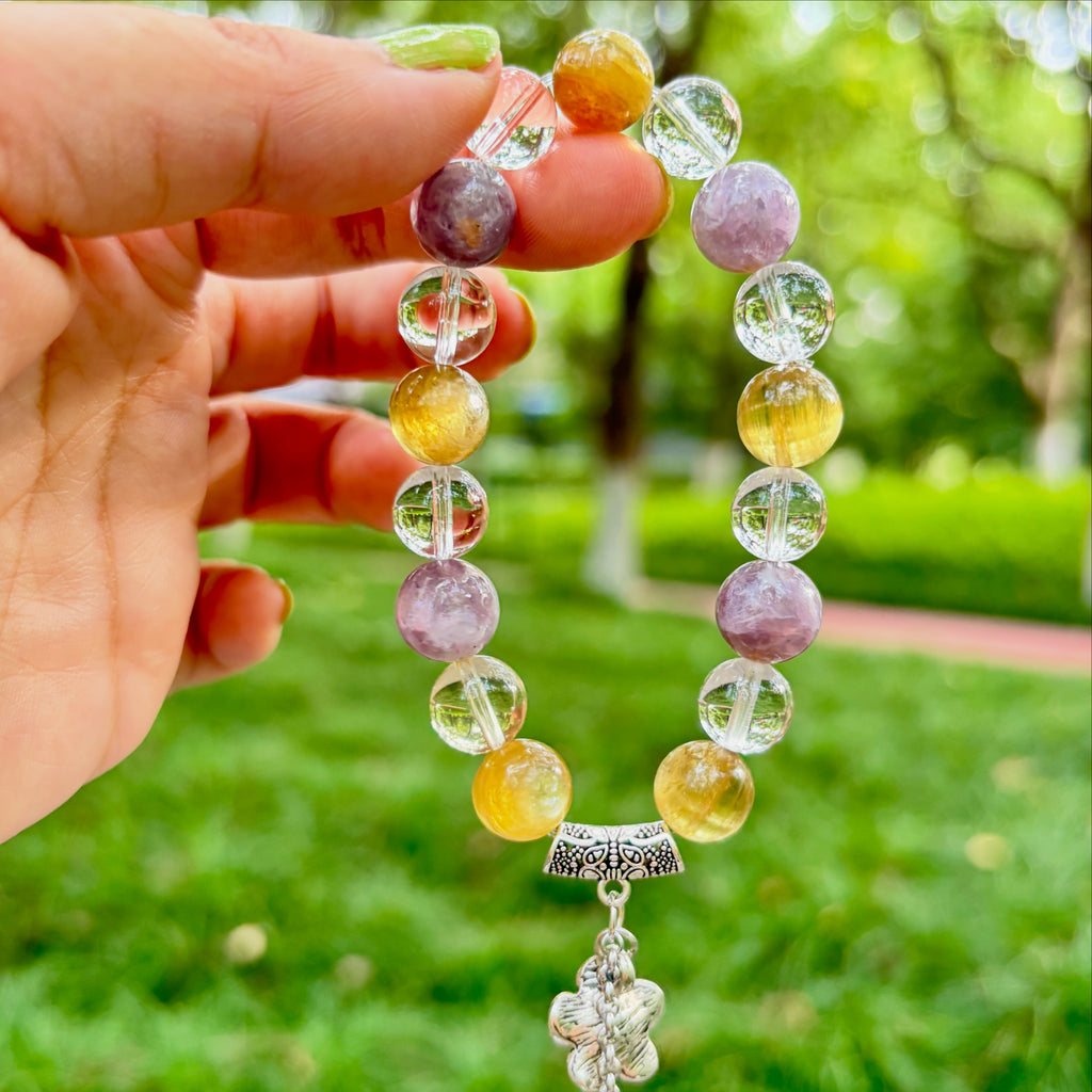 Golden Lithium Mica & High-Clarity Clear Quartz Bracelet | 10mm