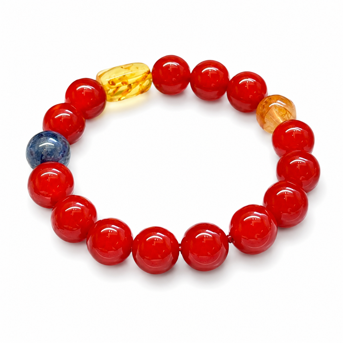Red Agate Bracelet with Blue Kyanite, Yellow Flower Agate & Amber