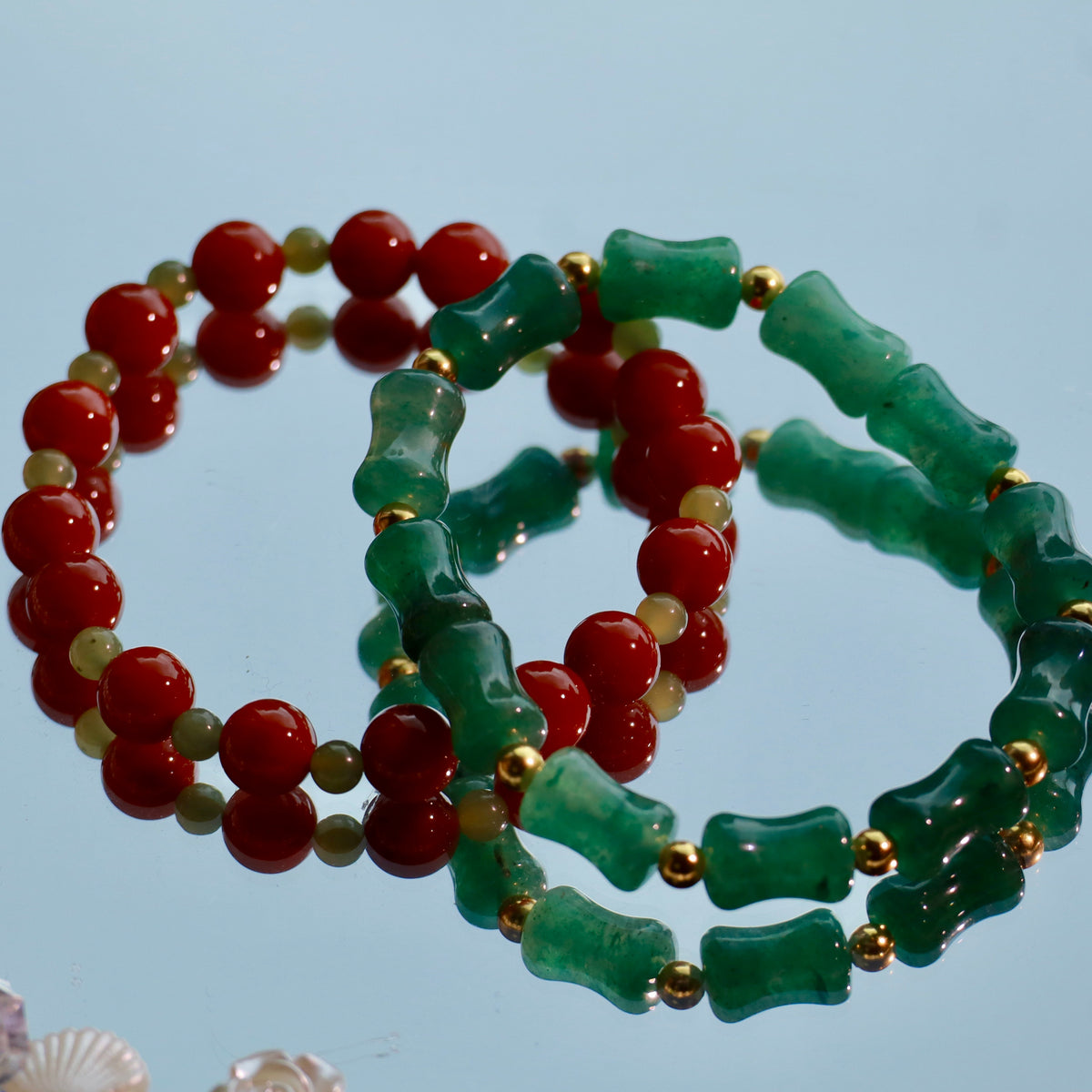 Natural Gemstone Stacking Bracelet Set | 8mm Nanhong Agate, Hetian Jade & Aventurine