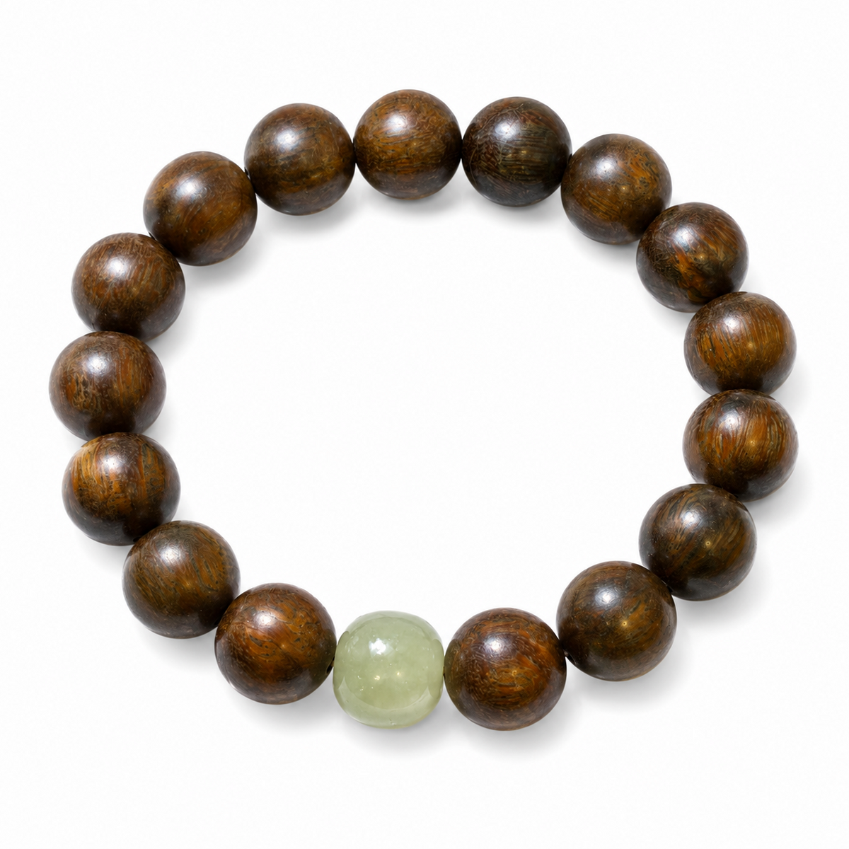 Green Sandalwood Bracelet with Natural Hetian Jade | 10mm Wood Beads