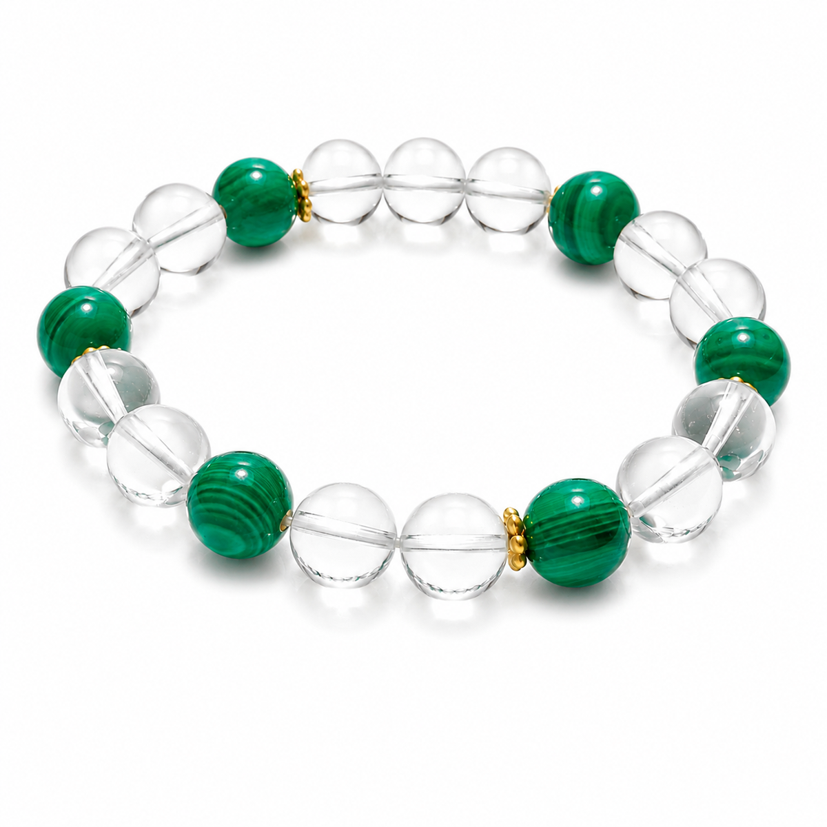 Natural Malachite & Clear Quartz Bracelet | 10mm Gemstone Beads