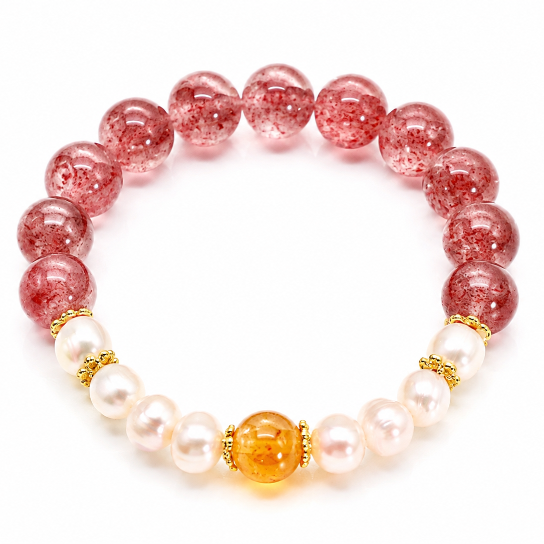 10mm Strawberry Quartz & Pearl Bracelet with Golden Rutilated Quartz