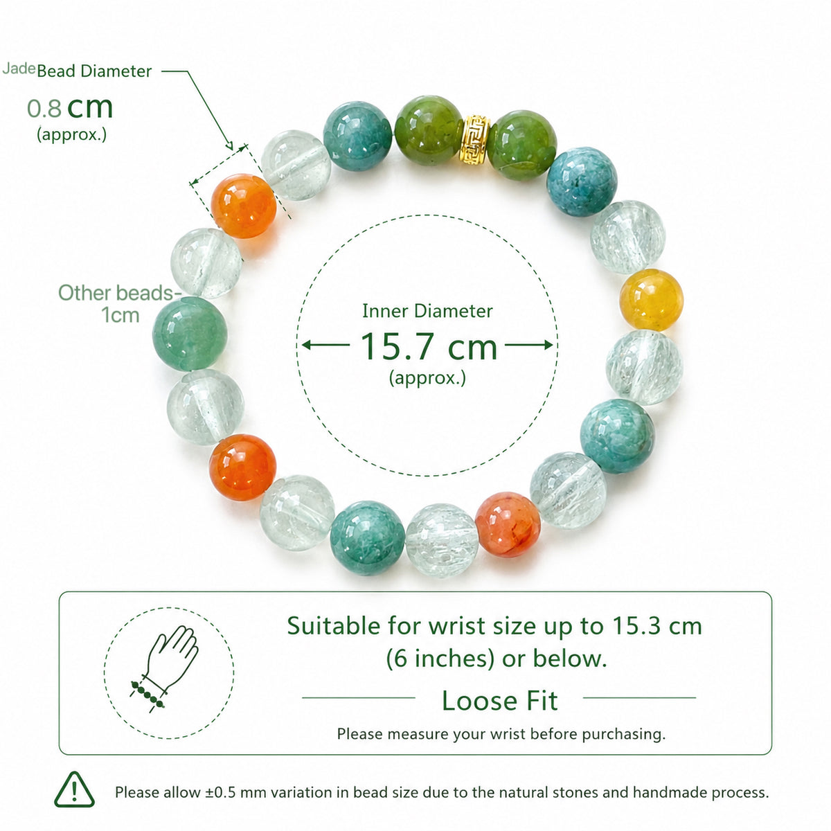 10mm Green Fluorite & Jade Bracelet with Sand Gold Accent