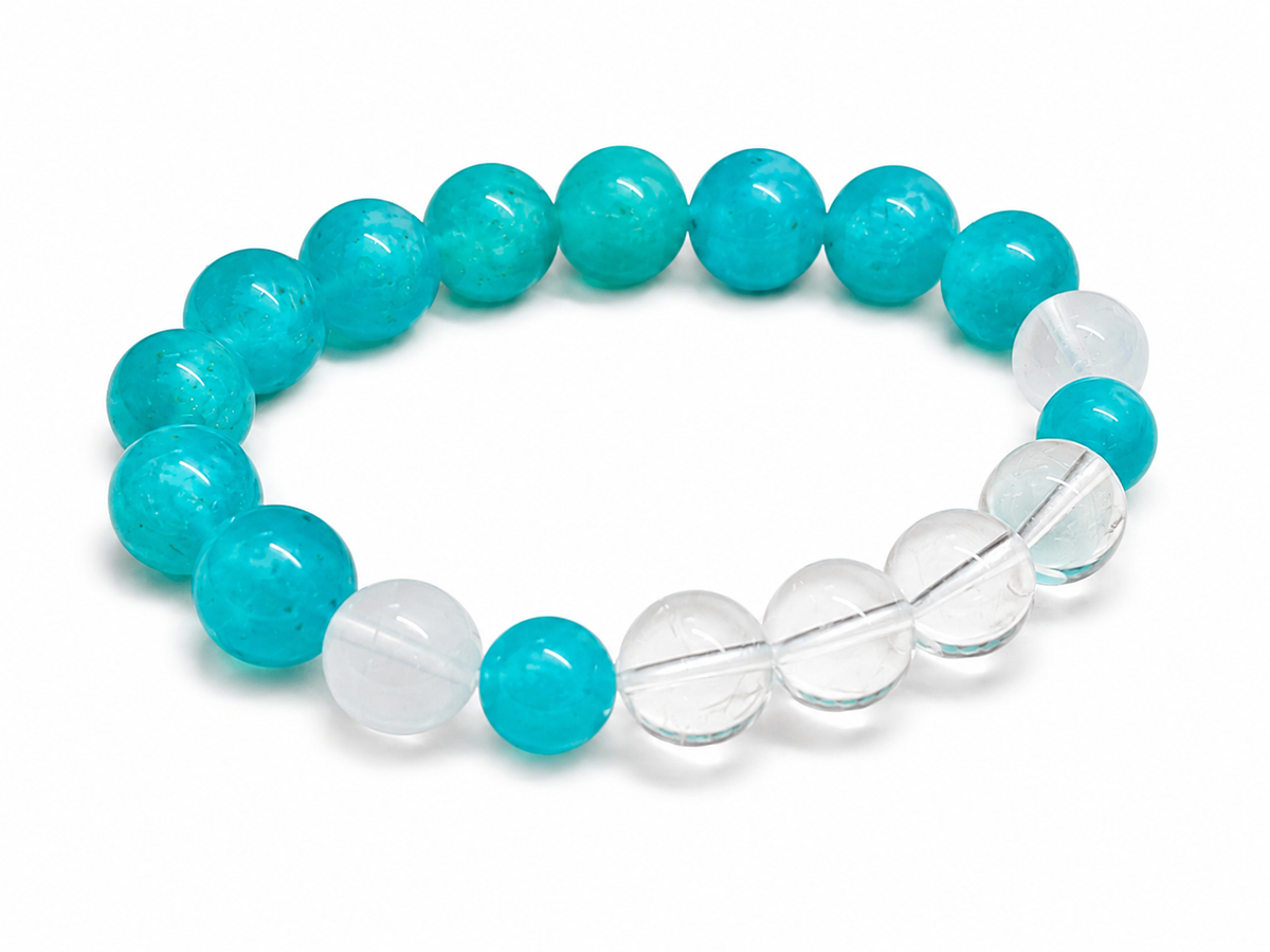9–10mm Amazonite & Clear Quartz Bracelet – Handmade Natural Gemstone Stretch Bracelet