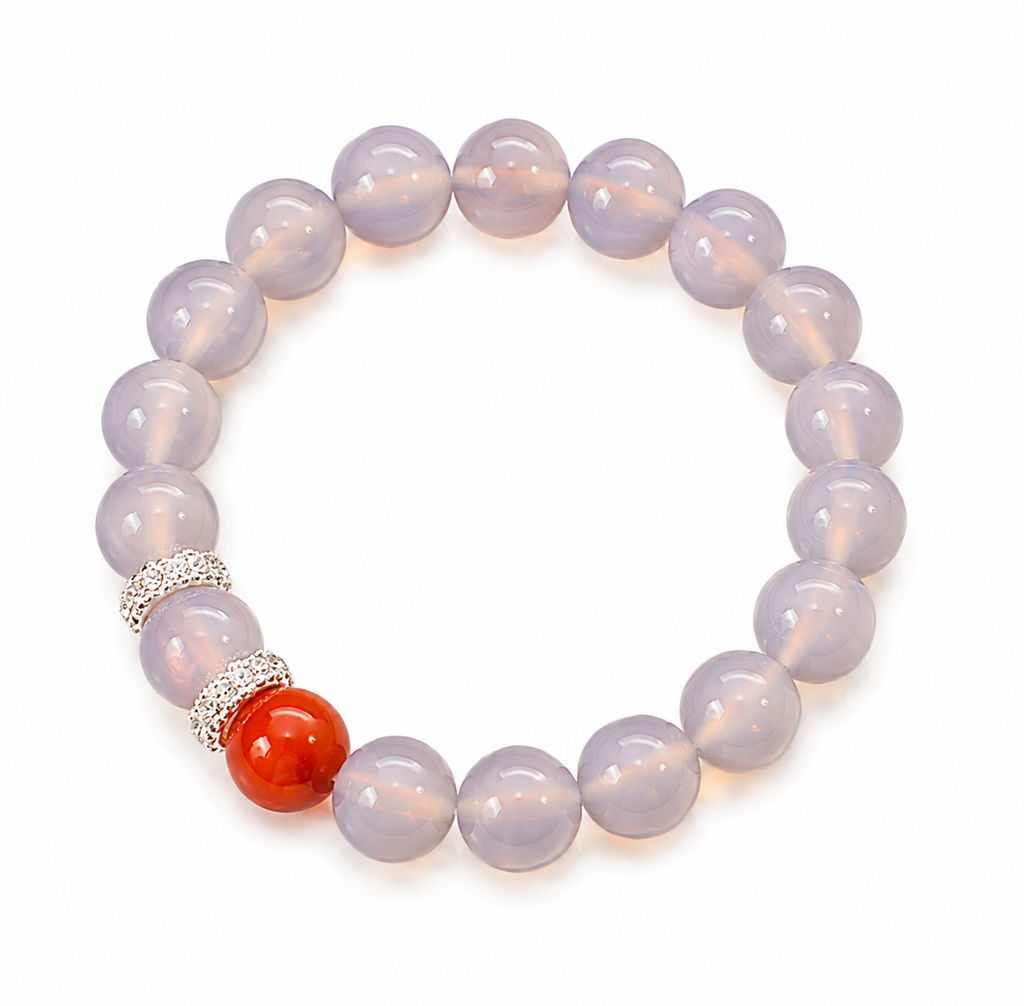 Natural Gray Agate Bracelet with Red Agate Accent, 10mm Gemstone Beads