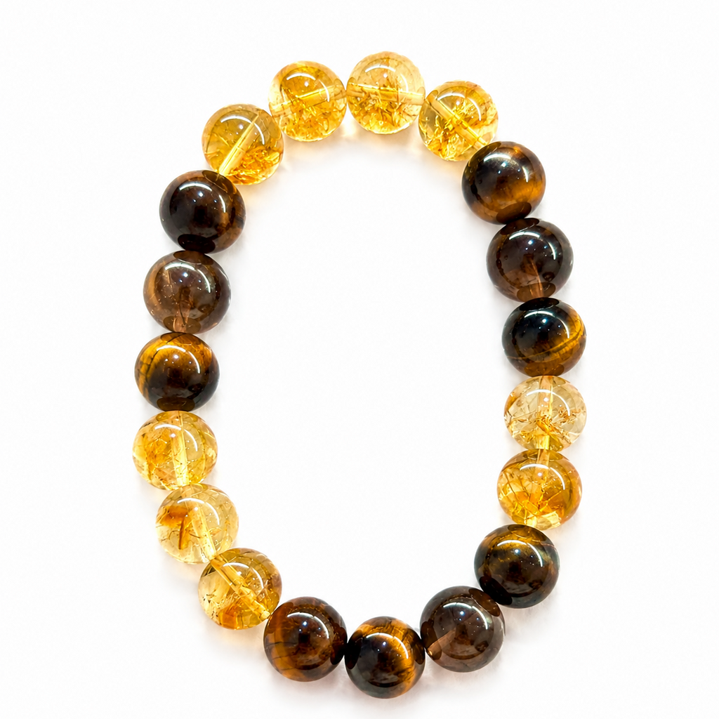 10mm Golden Citrine, Yellow Tiger’s Eye & Smoky Quartz Bracelet