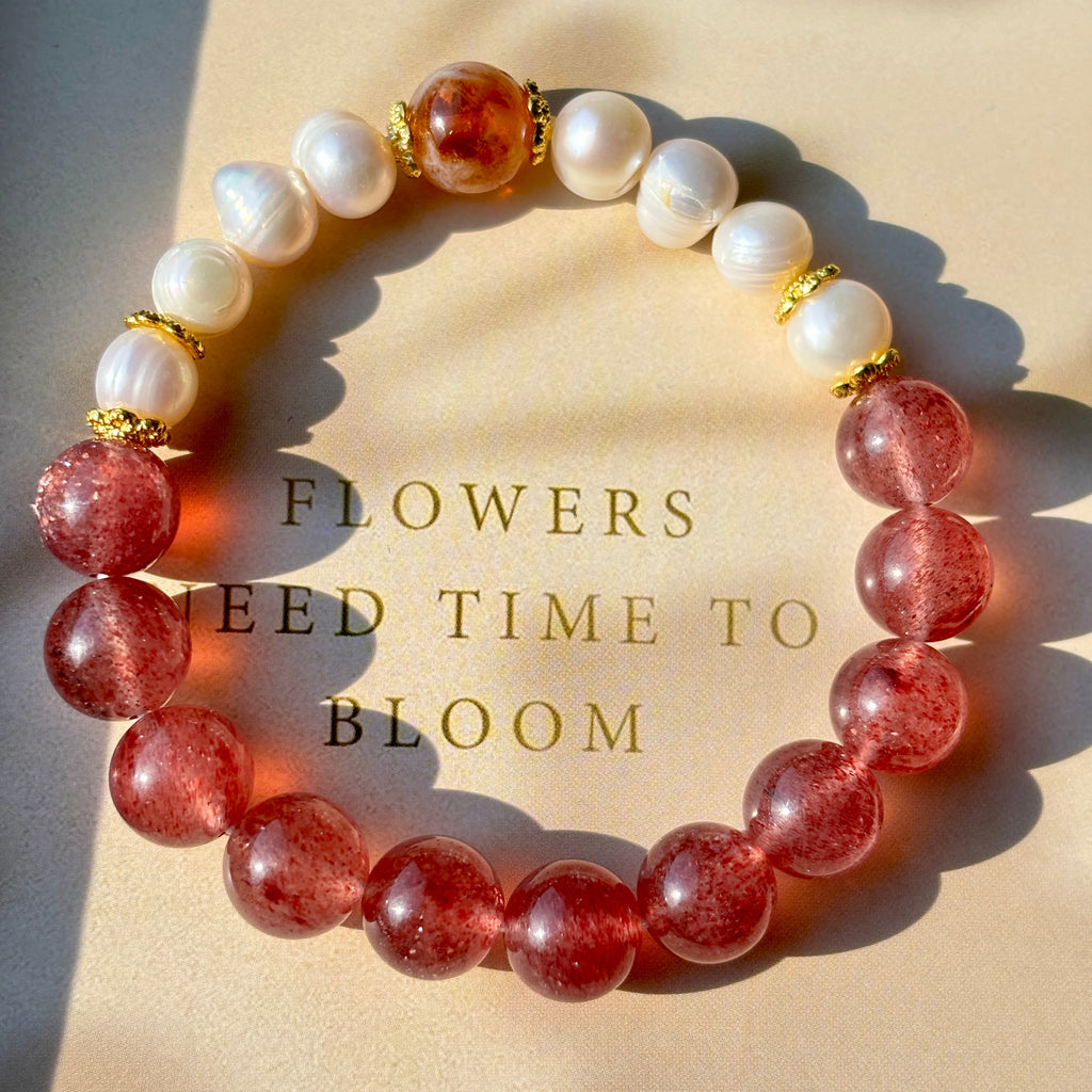 10mm Strawberry Quartz & Pearl Bracelet with Golden Rutilated Quartz
