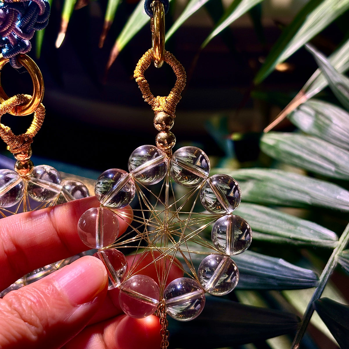 Natural Clear Quartz Crystal Hanging Ornament with Gold Cord for Home Decor Witch Crystal