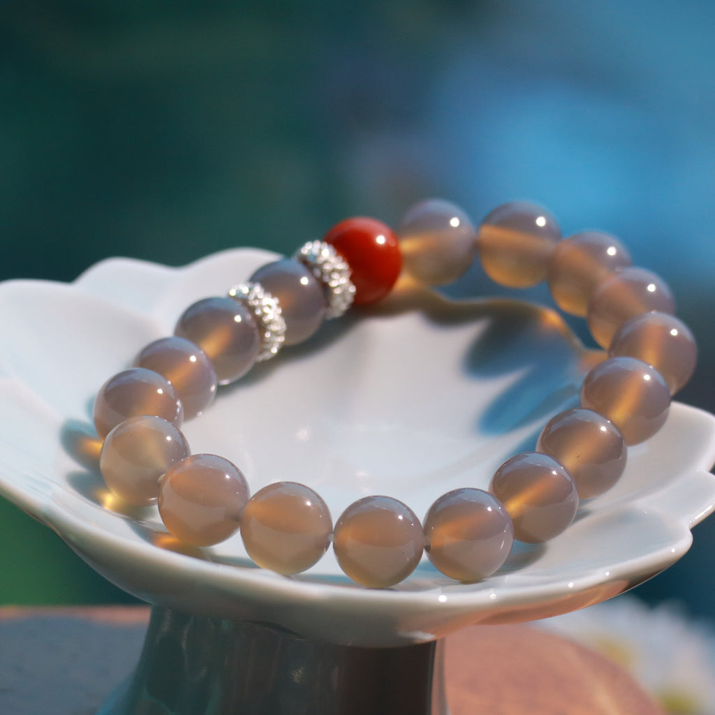 Natural Gray Agate Bracelet with Red Agate Accent, 10mm Gemstone Beads