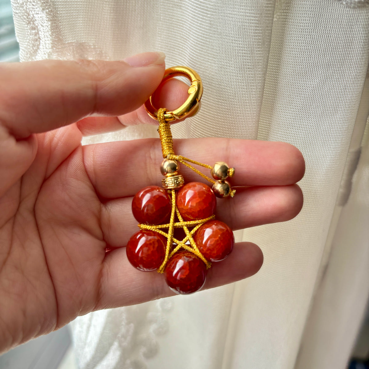 Natural Red Agate Dragon Scale Keychain with Gold-Plated Copper Beads