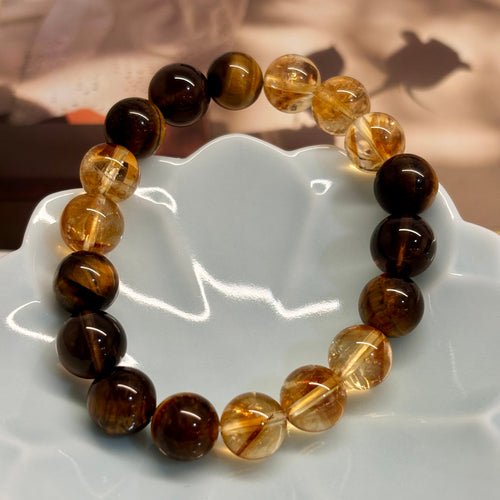 10mm Golden Citrine, Yellow Tiger’s Eye & Smoky Quartz Bracelet