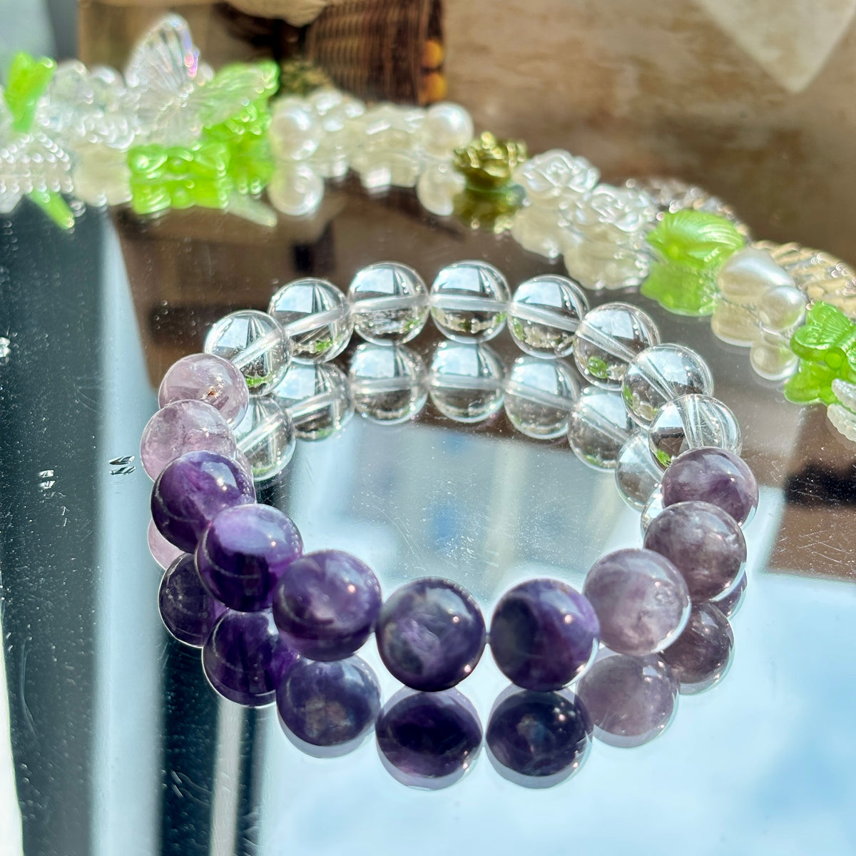 10mm Silver Purple Lepidolite & White Quartz Bracelet – Handmade Natural Crystal Stretch Bracelet