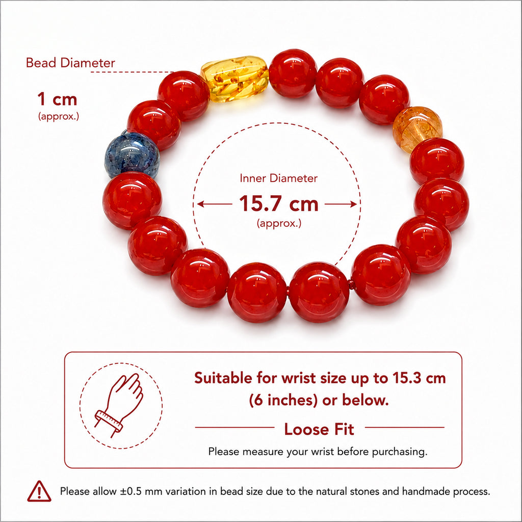 Red Agate Bracelet with Blue Kyanite, Yellow Flower Agate & Amber