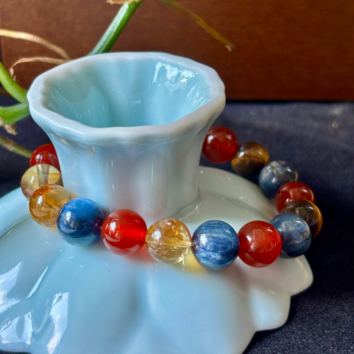 Natural Blue Kyanite, Red Agate, Yellow Tower Quartz & Tiger Eye Bracelet – 10mm Gemstone Jewelry