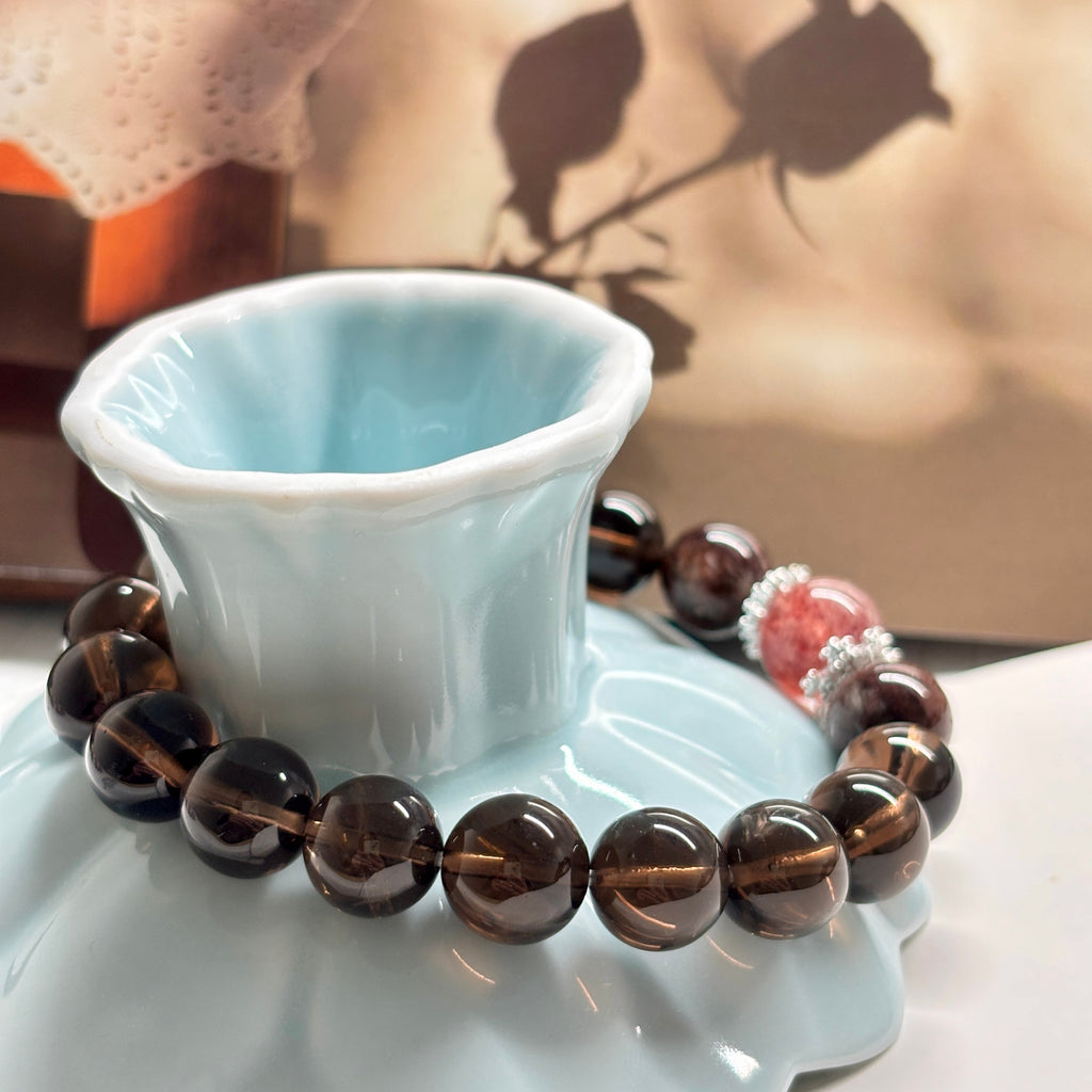 Smoky Quartz Bracelet with Black Super Seven & Red Strawberry Quartz, 10mm