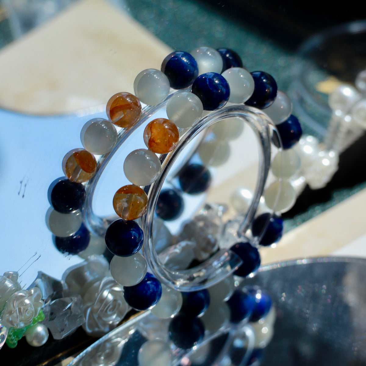 9-10mm Natural Lapis Lazuli, White Moonstone & Yellow Hematoid Quartz Bracelet