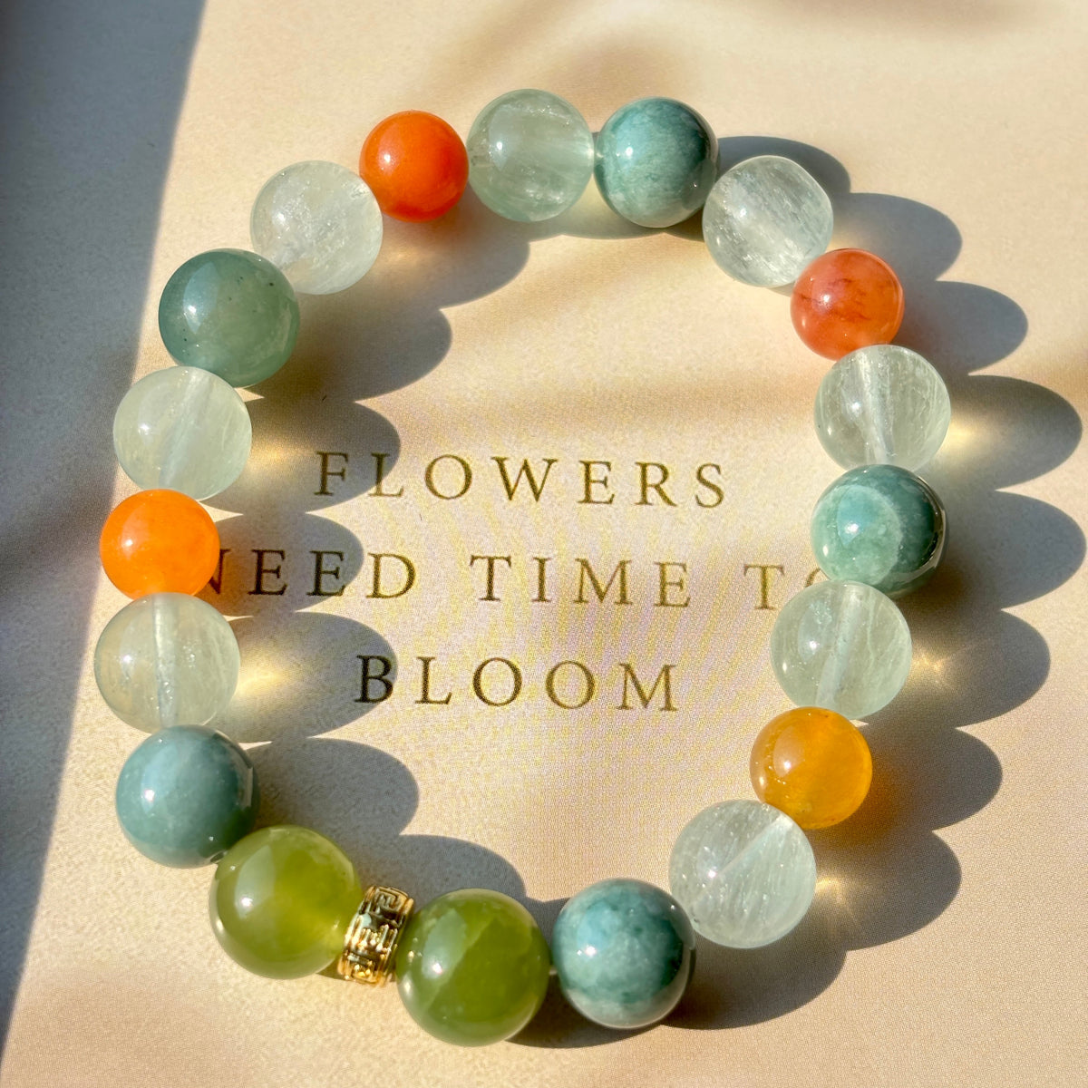 10mm Green Fluorite & Jade Bracelet with Sand Gold Accent