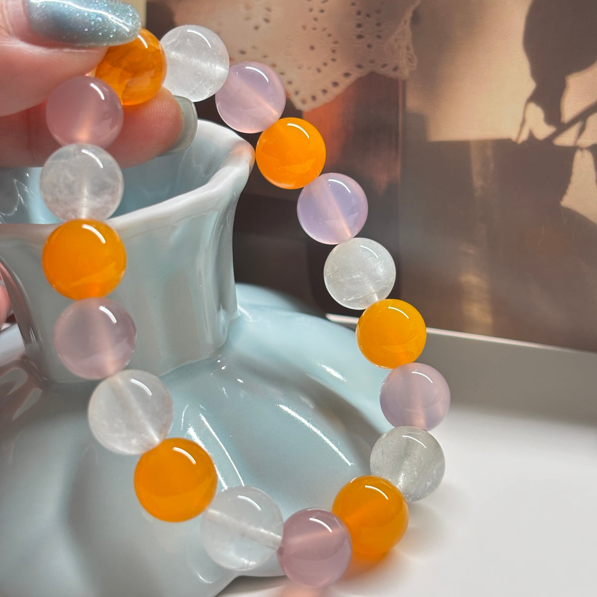 10mm Natural Yellow Agate, Green Fluorite & Purple Chalcedony Bracelet