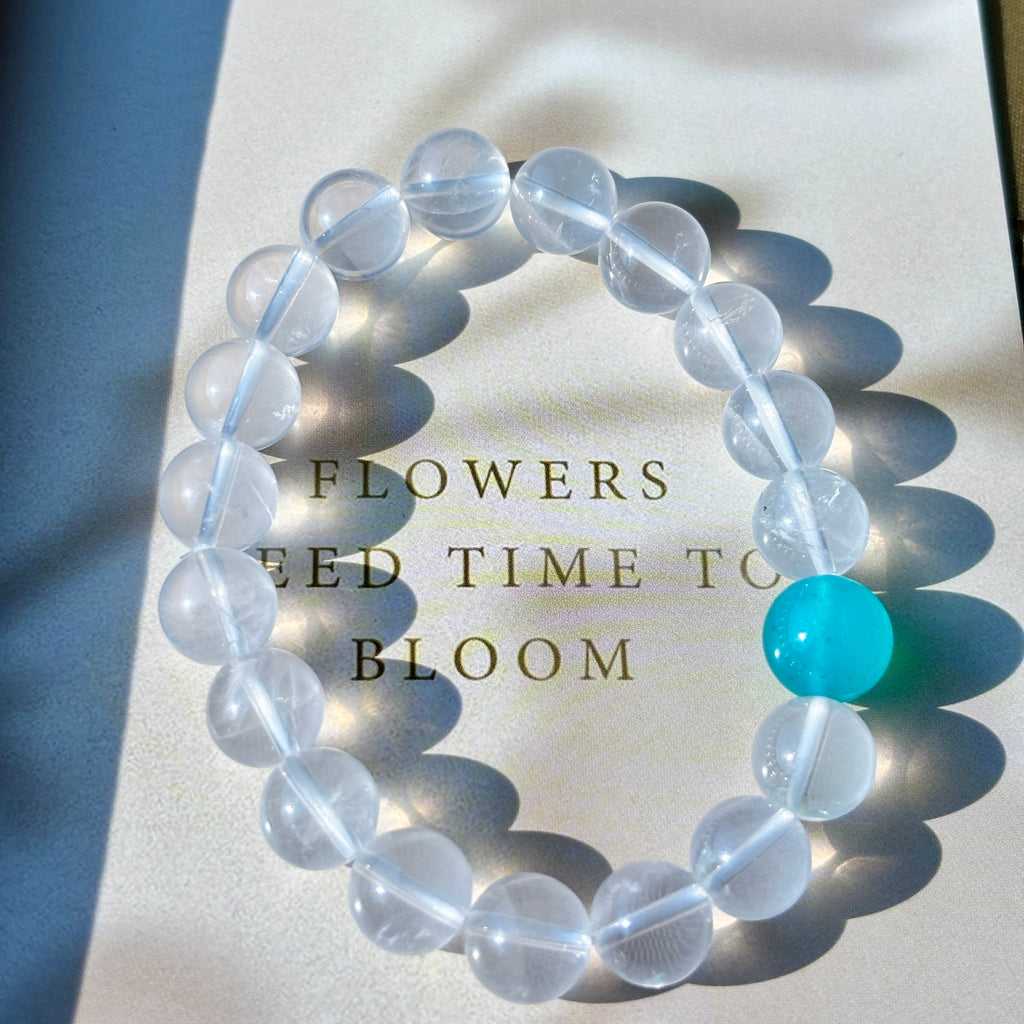 Natural Milky White Crystal & Amazonite Bracelet – 10mm Gemstone Beaded Bracelet