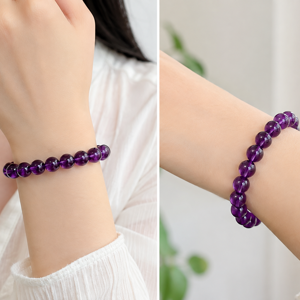 Natural Uruguayan Amethyst Bracelet, Deep Purple 9mm Crystal Beads, February Birthstone Jewelry