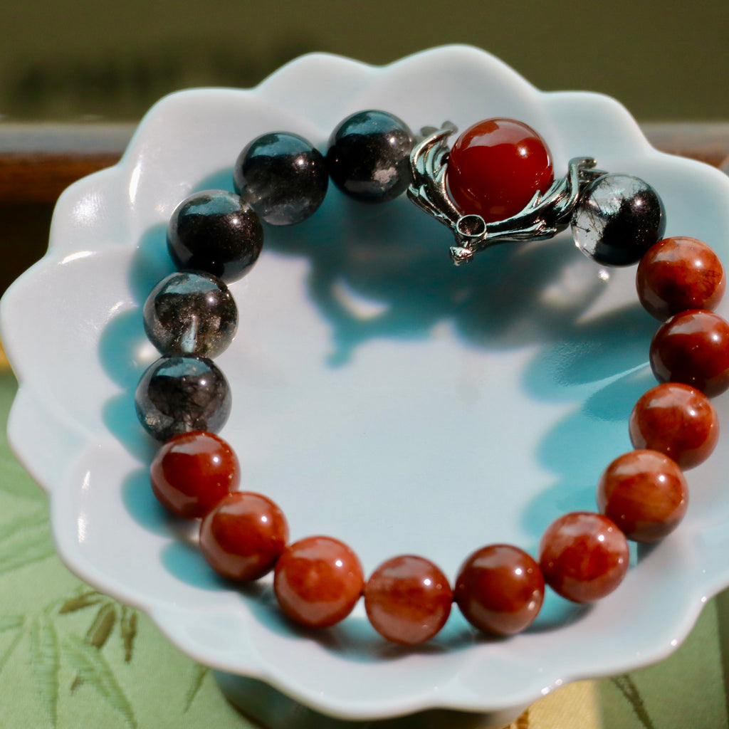 Natural Black Phantom & Red Rutilated Quartz Bracelet | 10mm Crystal Beads