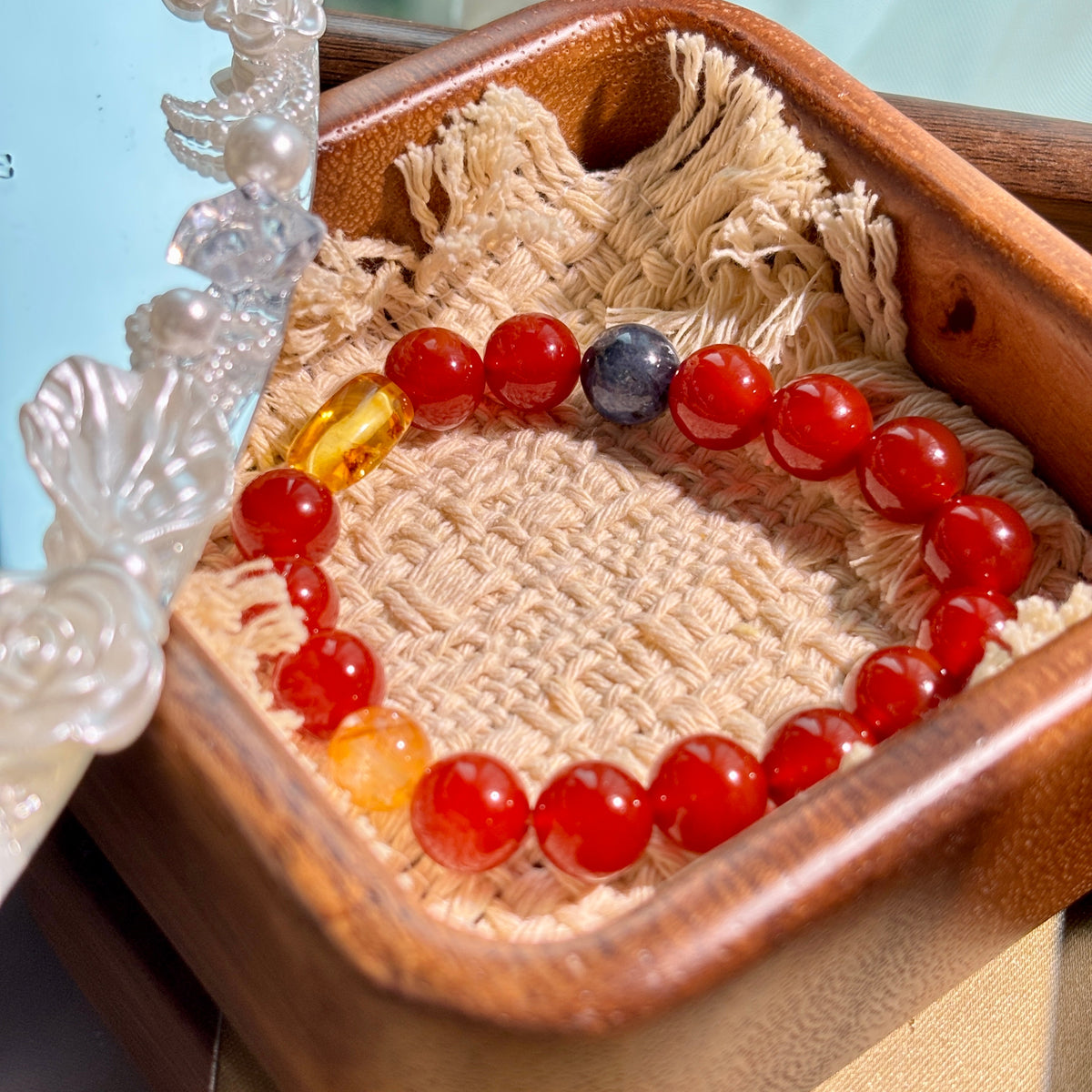 Red Agate Bracelet with Blue Kyanite, Yellow Flower Agate & Amber