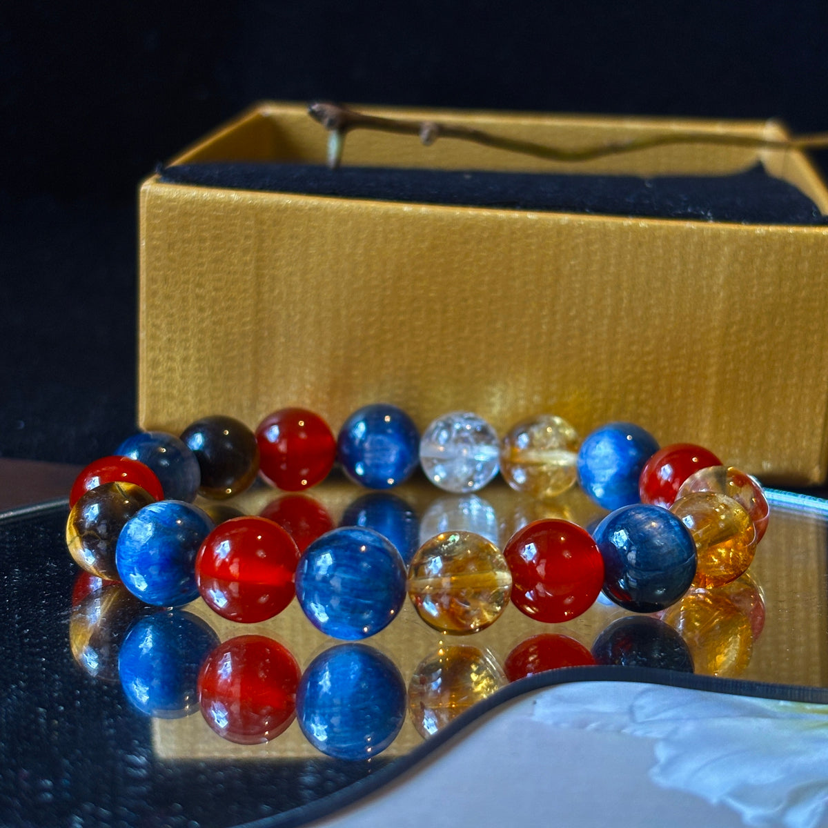 Natural Blue Kyanite, Red Agate, Yellow Tower Quartz & Tiger Eye Bracelet – 10mm Gemstone Jewelry