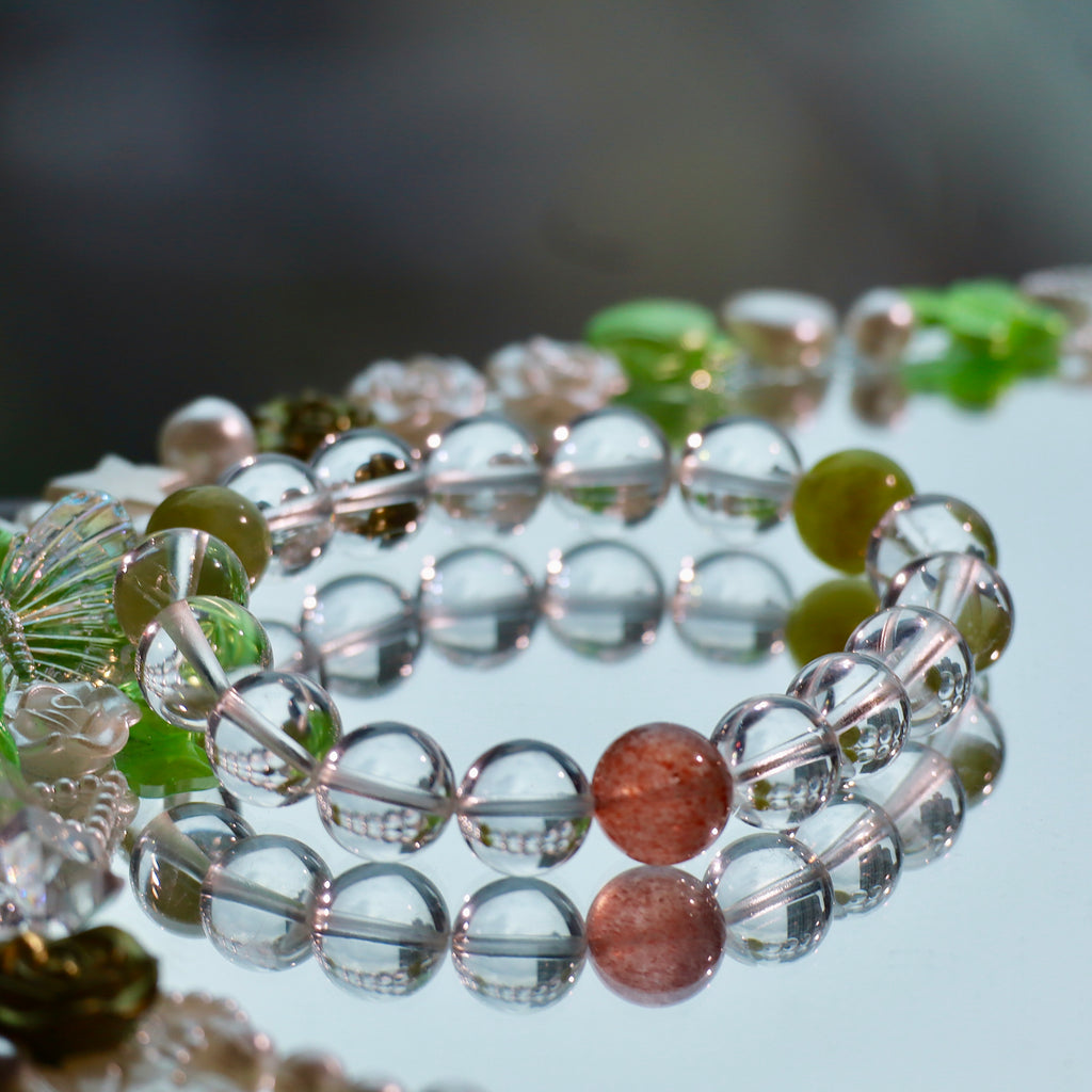 Natural Clear Quartz Bracelet with Xiuyan Jade & Strawberry Quartz | 10mm Gemstone Beads