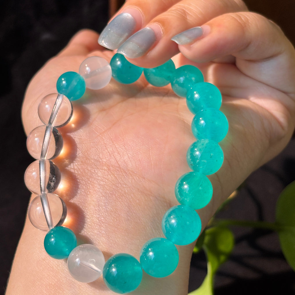 9–10mm Amazonite & Clear Quartz Bracelet – Handmade Natural Gemstone Stretch Bracelet