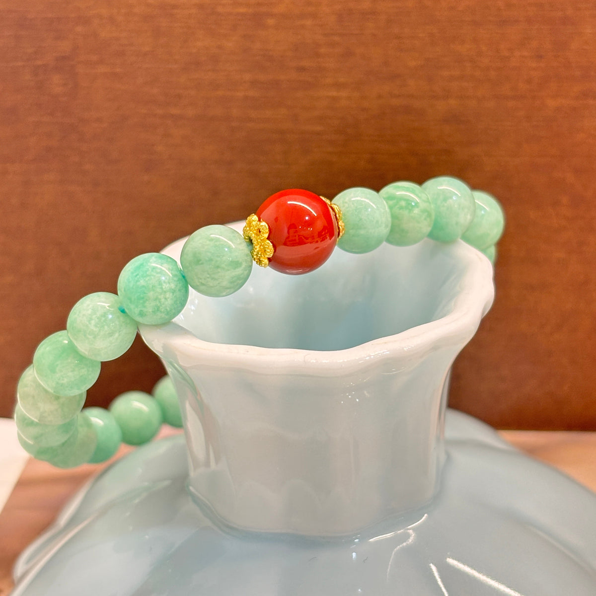 8mm Natural Old-Mine Amazonite Beaded Bracelet, Accented with a Single Red Agate