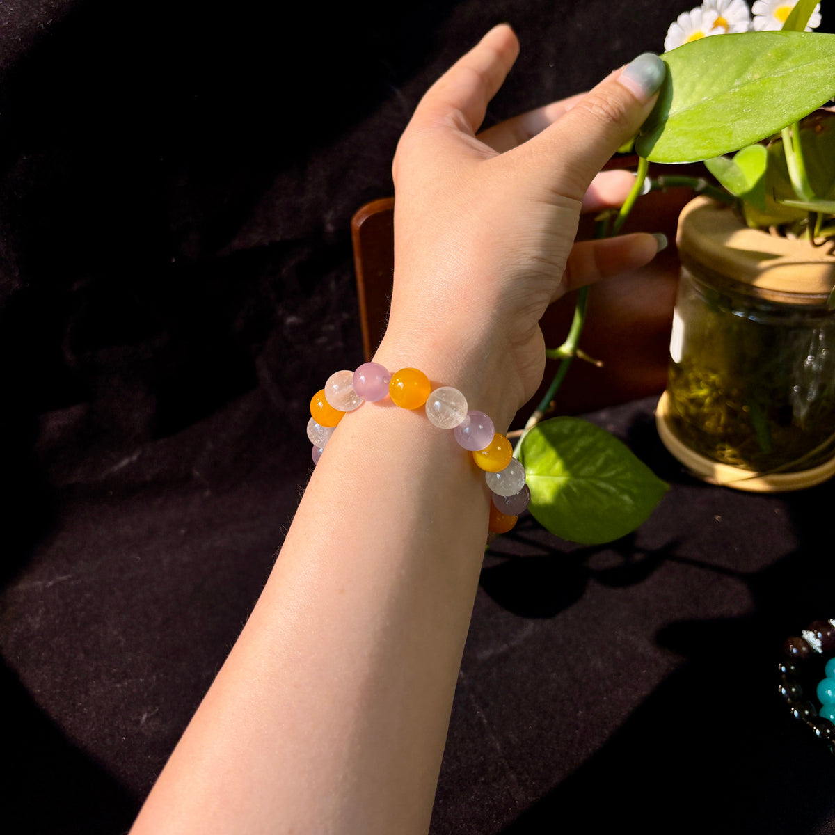 10mm Natural Yellow Agate, Green Fluorite & Purple Chalcedony Bracelet
