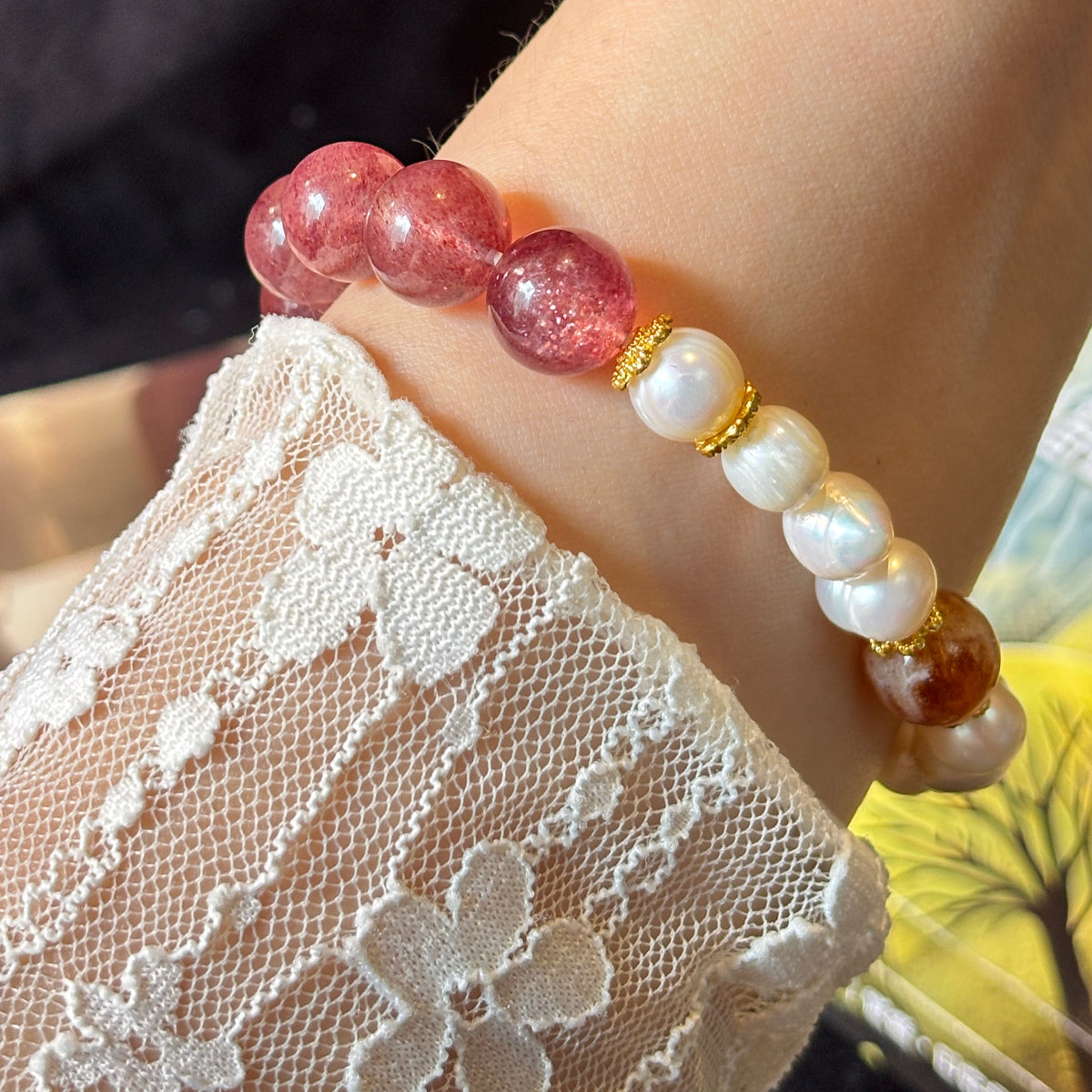 10mm Strawberry Quartz & Pearl Bracelet with Golden Rutilated Quartz