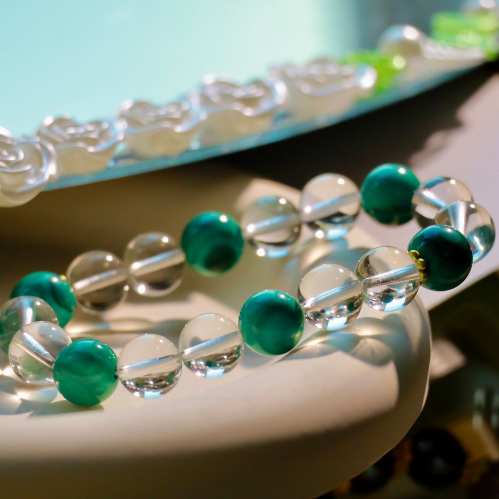 Natural Malachite & Clear Quartz Bracelet | 10mm Gemstone Beads