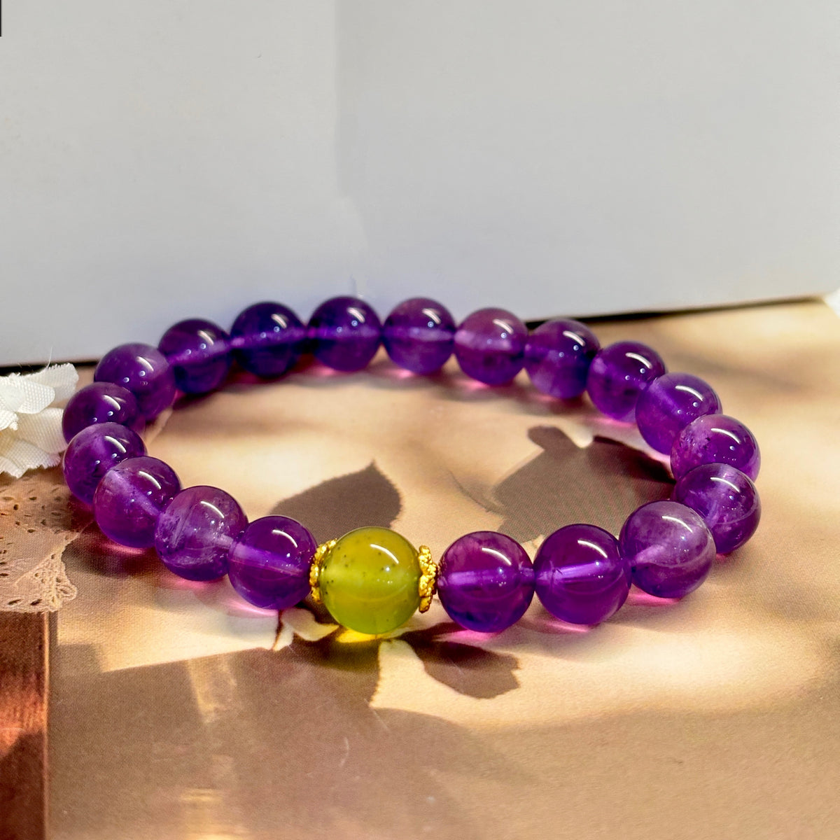 9mm Amethyst & Xiuyu Jade Bracelet – Handmade Natural Crystal Stretch Bracelet