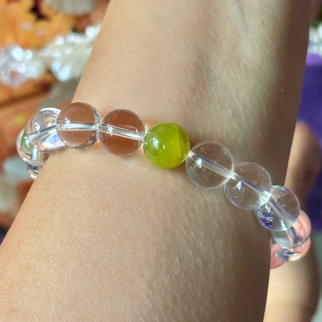 Natural Clear Quartz Bracelet with Xiuyan Jade & Strawberry Quartz | 10mm Gemstone Beads