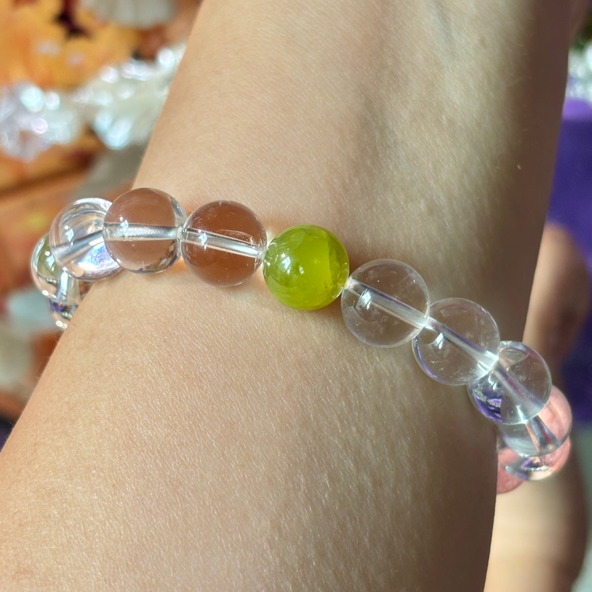 Natural Clear Quartz Bracelet with Xiuyan Jade & Strawberry Quartz | 10mm Gemstone Beads