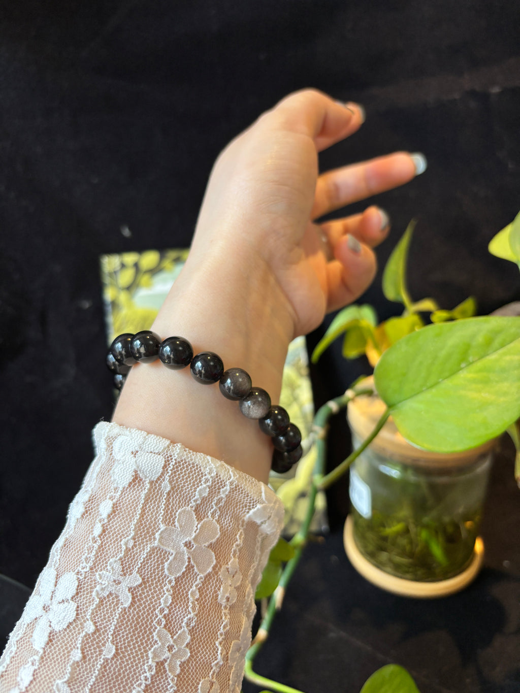 10mm Natural Silver Sheen Obsidian Bracelet –  Black Gemstone Beads