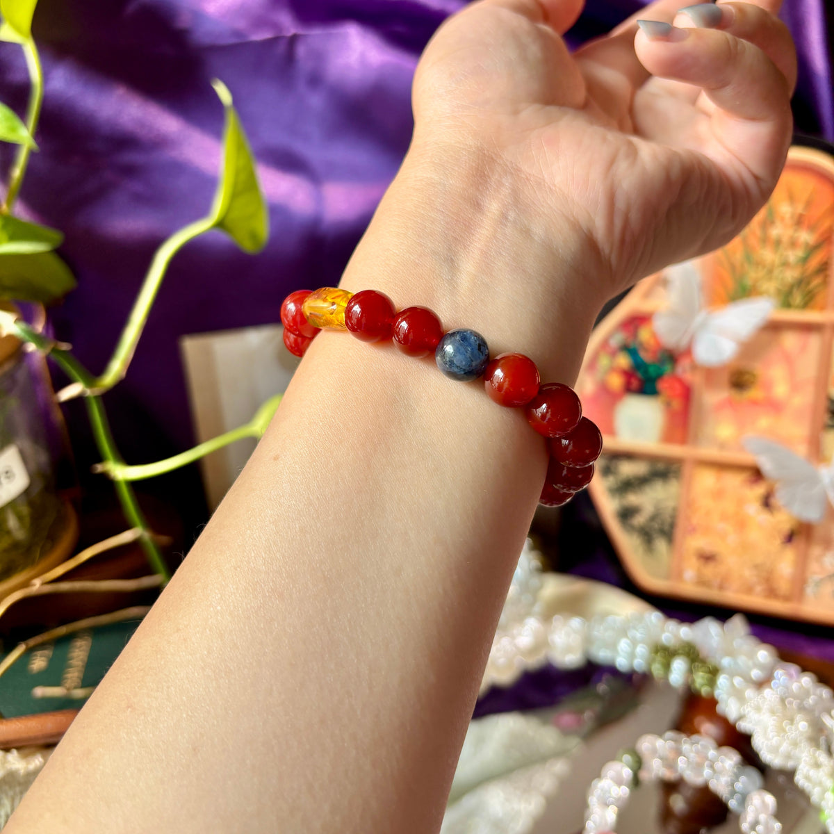 Red Agate Bracelet with Blue Kyanite, Yellow Flower Agate & Amber