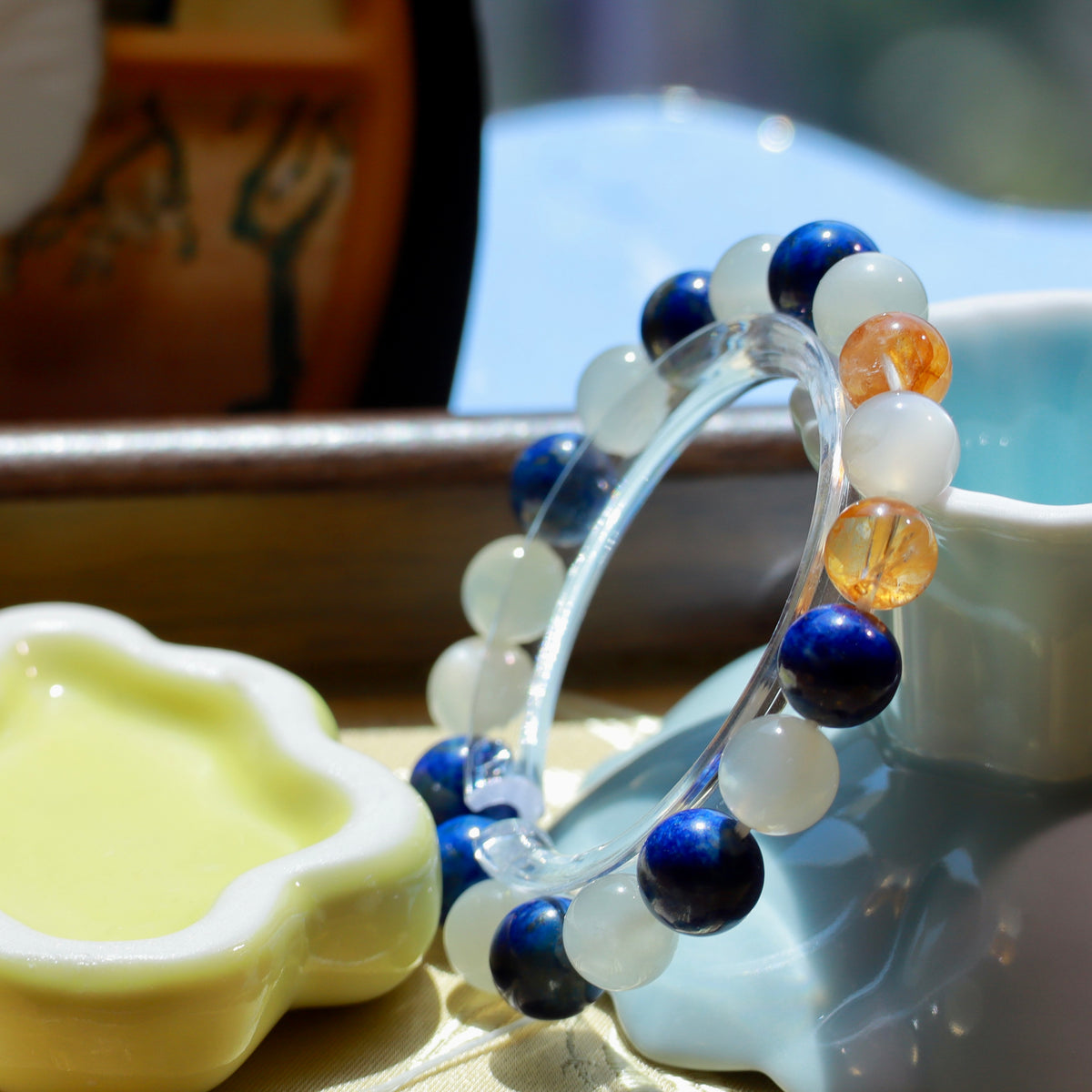 9-10mm Natural Lapis Lazuli, White Moonstone & Yellow Hematoid Quartz Bracelet